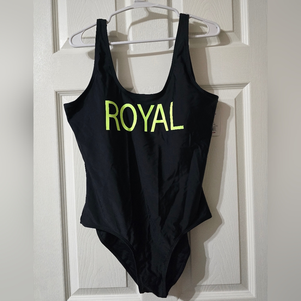 NWT Royal Black One Piece Swimsuit, Low Open Back, Full Coverage, Neon, Sz XL